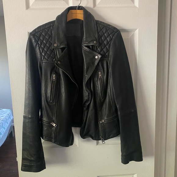 All Saints Cargo Distressed Leather Biker Jacket - Picture 7 of 16